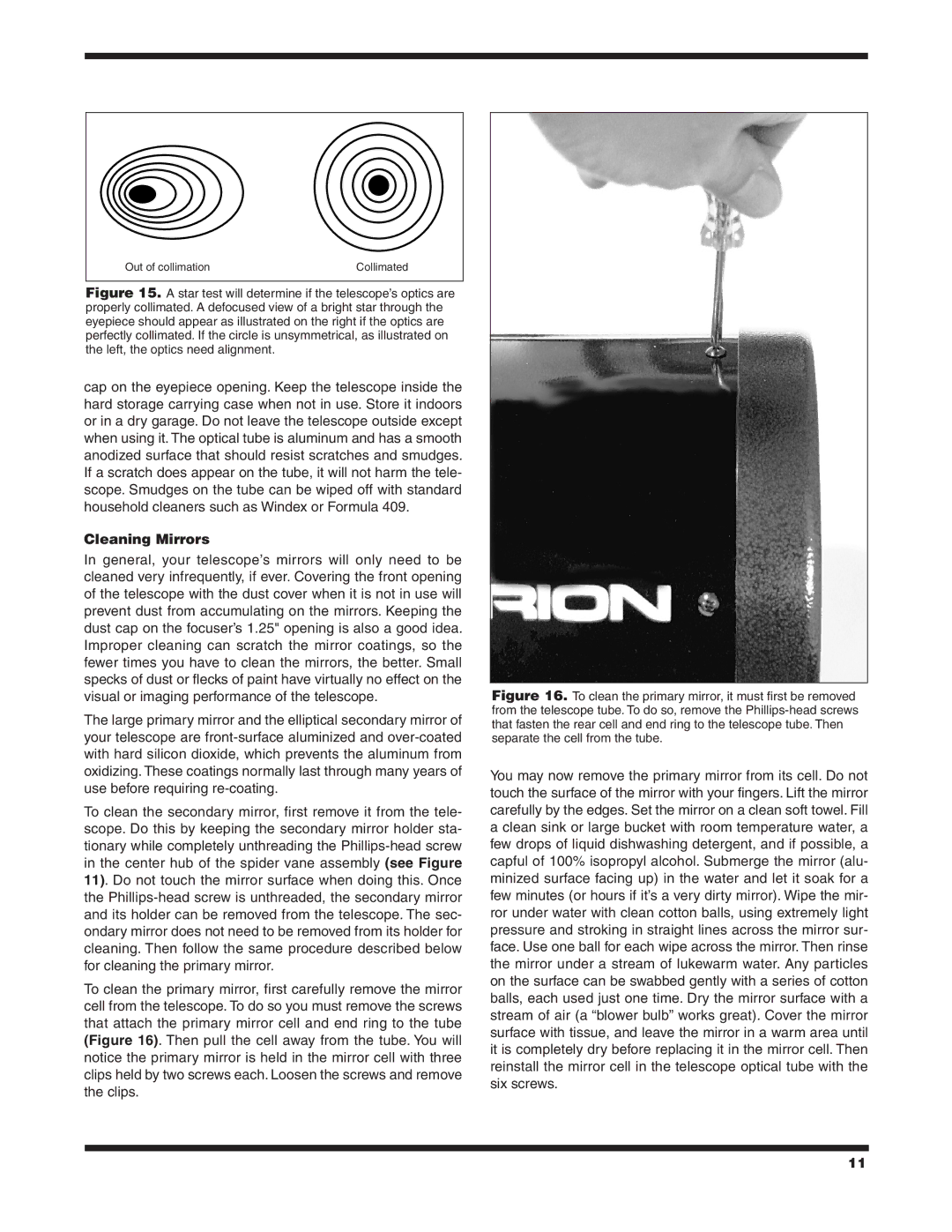 Orion #8296 10 F/3.9, #8297 8 F/3.9 instruction manual Cleaning Mirrors 