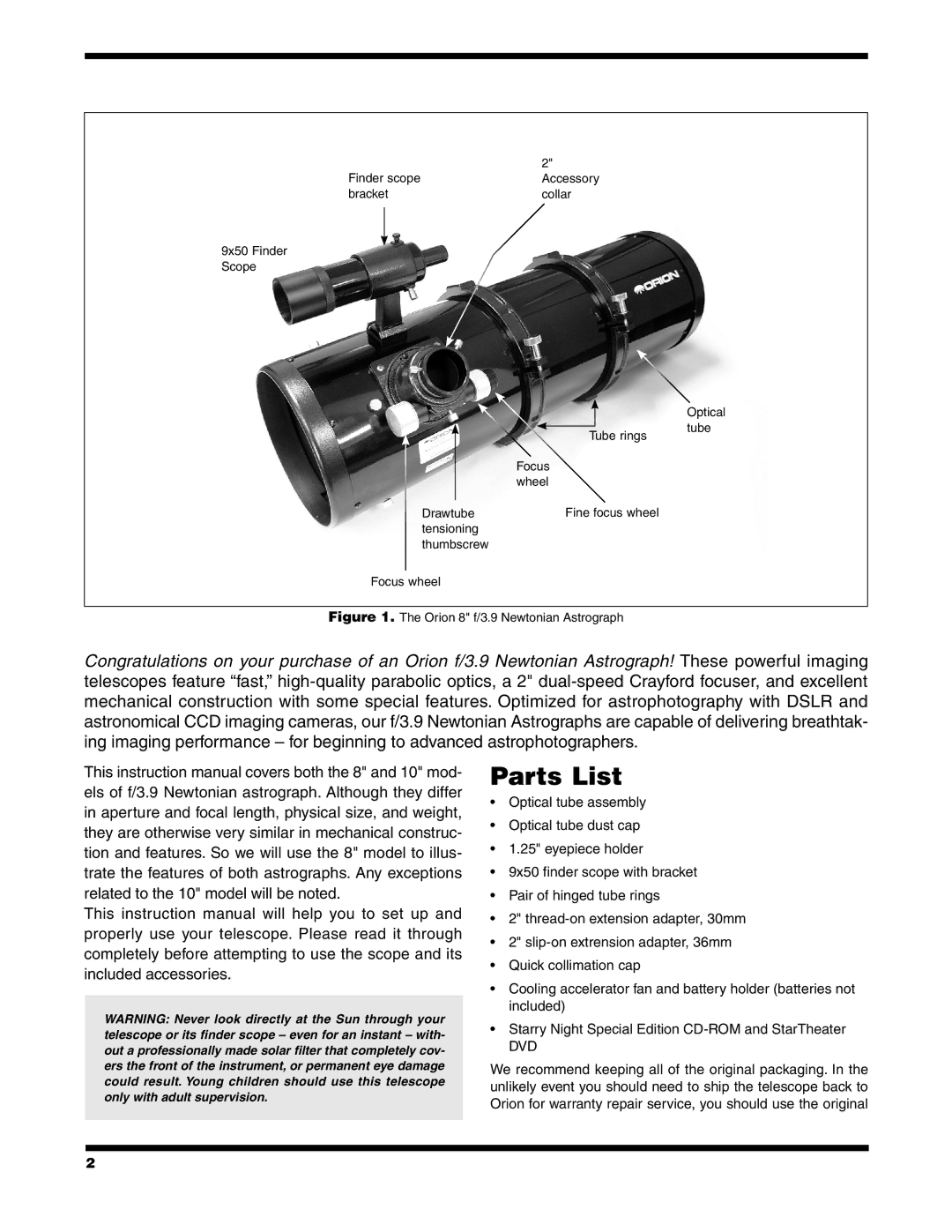 Orion #8297 8 F/3.9, #8296 10 F/3.9 instruction manual Parts List, Dvd 