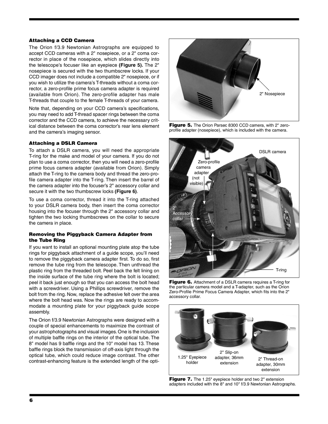 Orion #8297 8 F/3.9, #8296 10 F/3.9 instruction manual Attaching a CCD Camera, Attaching a Dslr Camera 