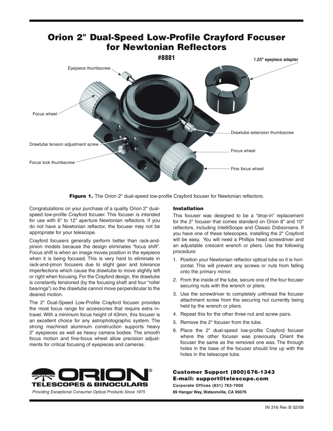 Orion manual Customer Support, E-mail support@telescope.com, Installation, for Newtonian Reflectors, #8881 