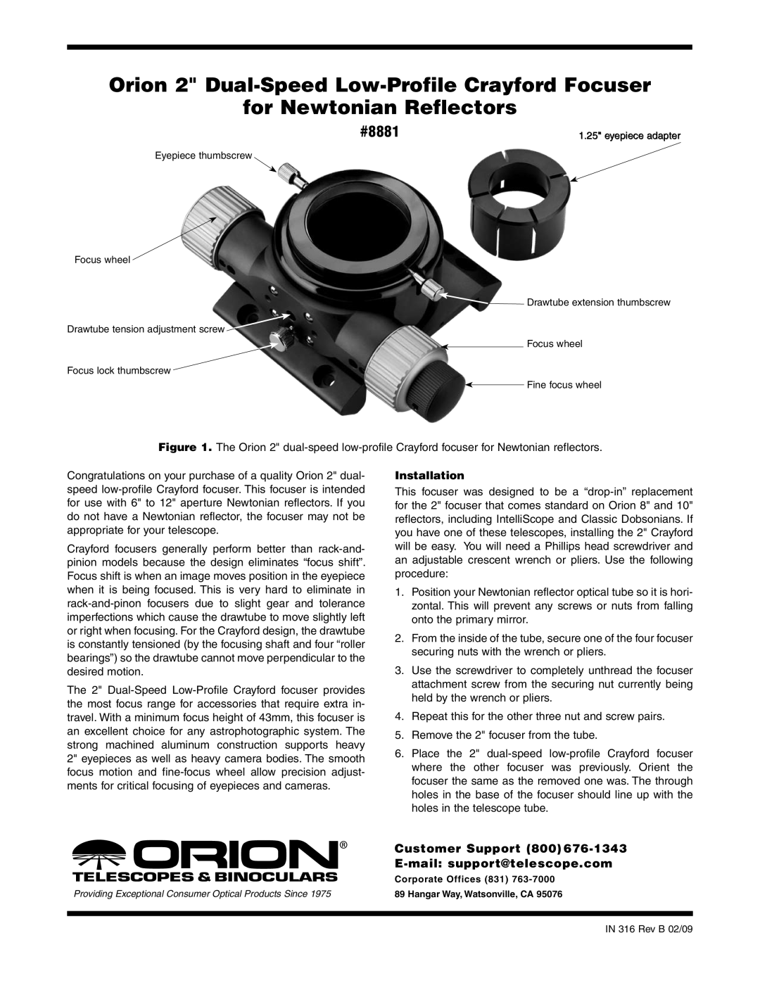 Orion manual #8881, Customer Support 800, Mail support@telescope.com, Installation 