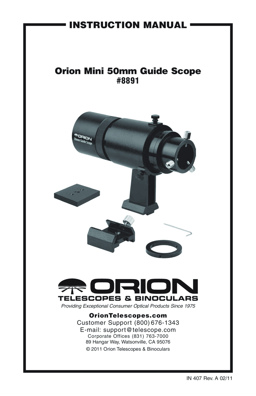 Orion instruction manual instruction Manual, Orion Mini 50mm Guide Scope, OrionTelescopes.com, #8891 