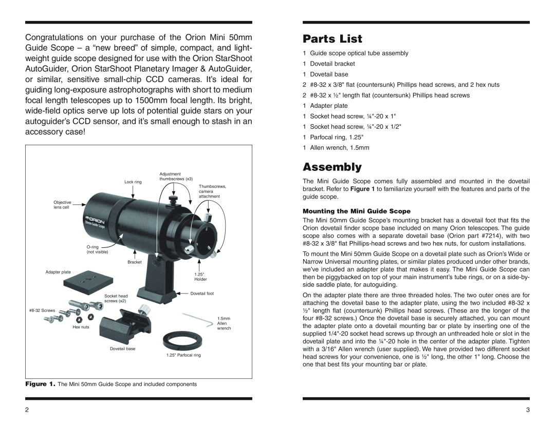 Orion 8891 instruction manual Parts List, Assembly, Mounting the Mini Guide Scope 
