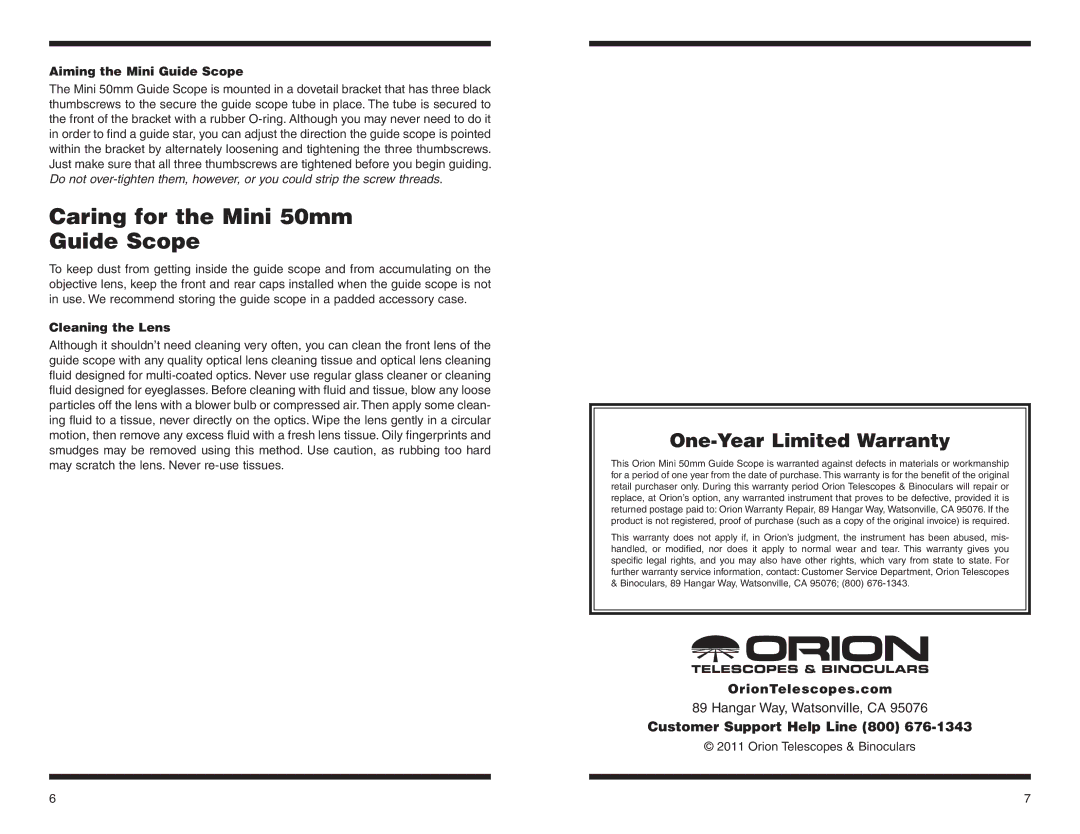 Orion 8891 Caring for the Mini 50mm Guide Scope, One-Year Limited Warranty, Aiming the Mini Guide Scope, Cleaning the Lens 