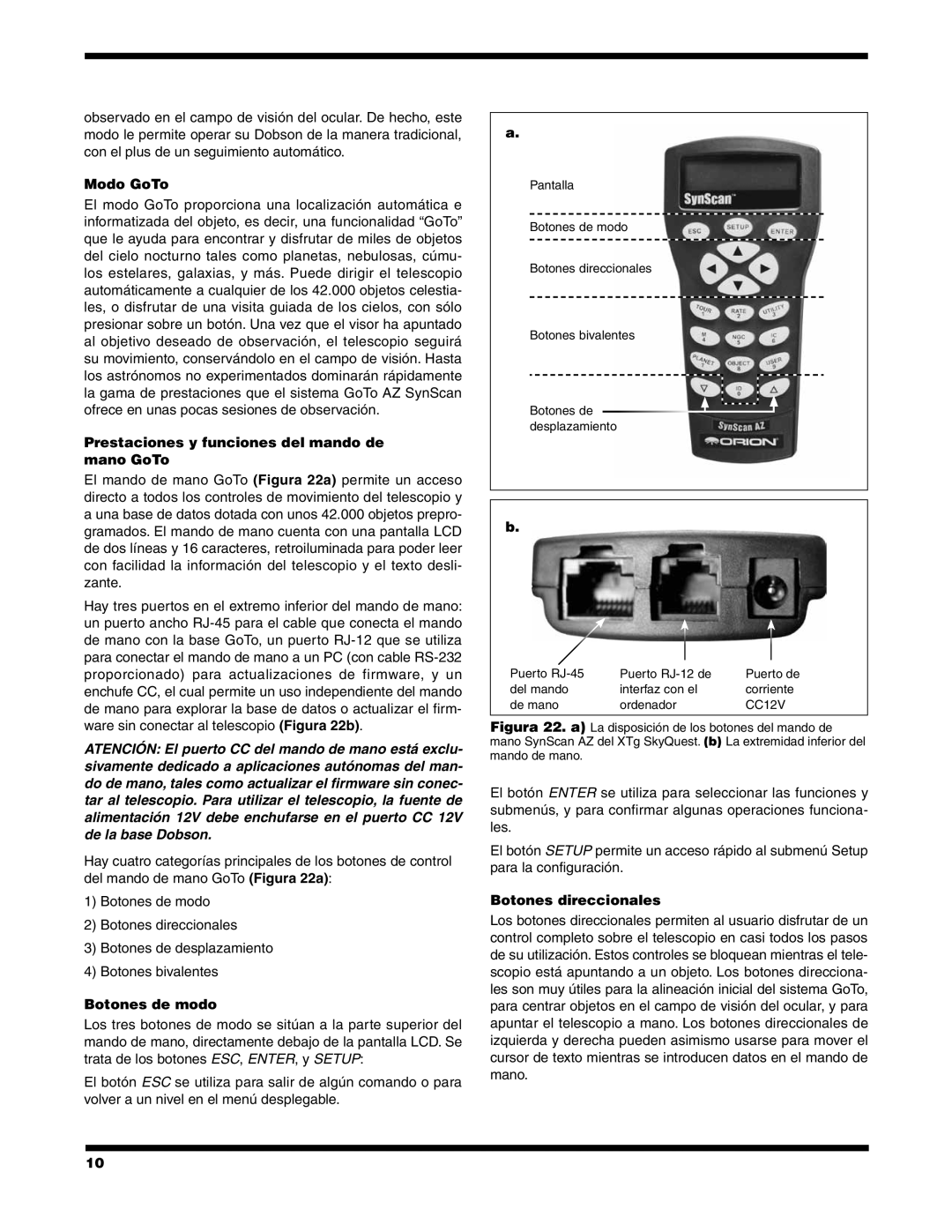 Orion #8948 XT8G manual Modo GoTo, Prestaciones y funciones del mando de mano GoTo, Botones de modo, Botones direccionales 