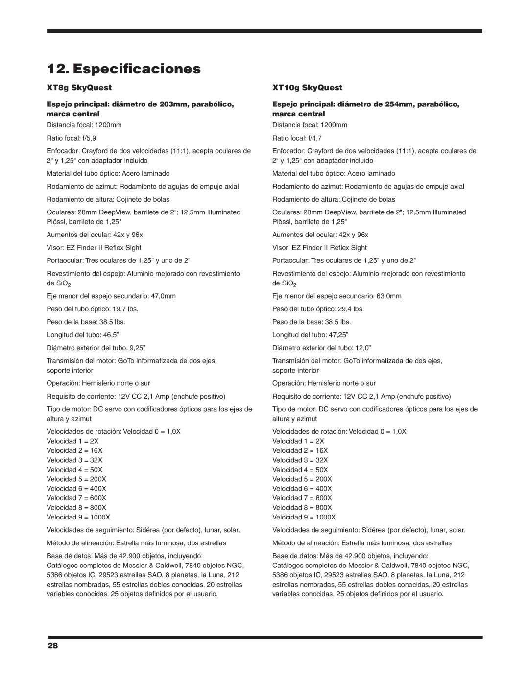 Orion #8948 XT8G, #8952 XT12G, #8949 XT10G manual Especificaciones, XT8g SkyQuest, XT10g SkyQuest 