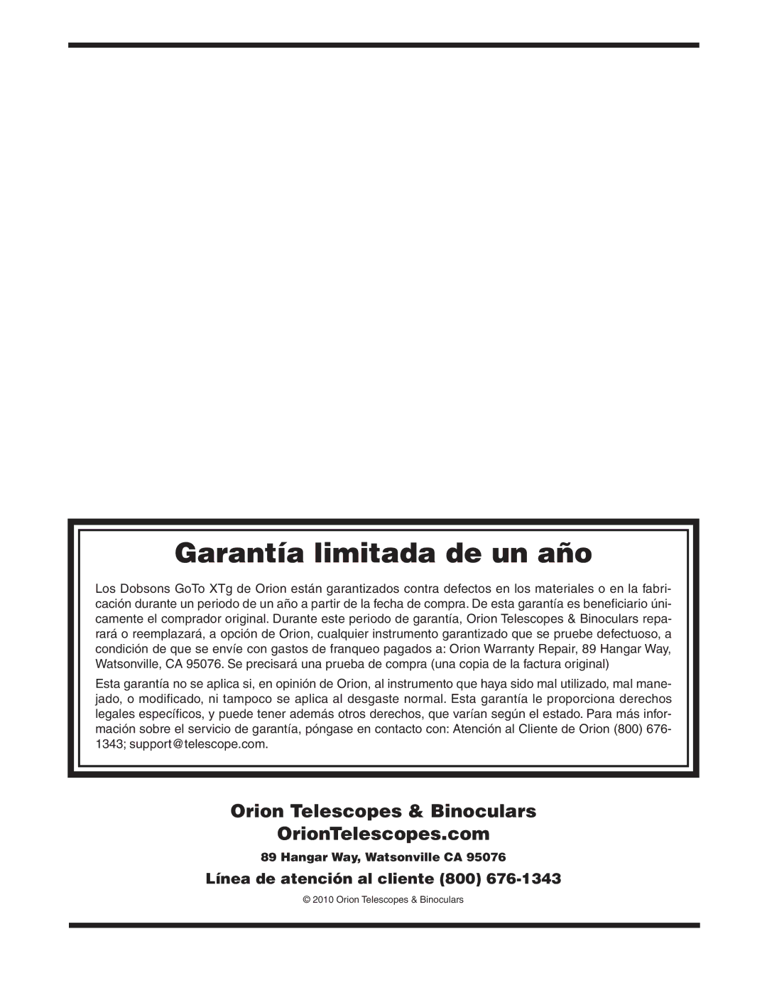 Orion #8948 XT8G, #8952 XT12G, #8949 XT10G manual Garantía limitada de un año 