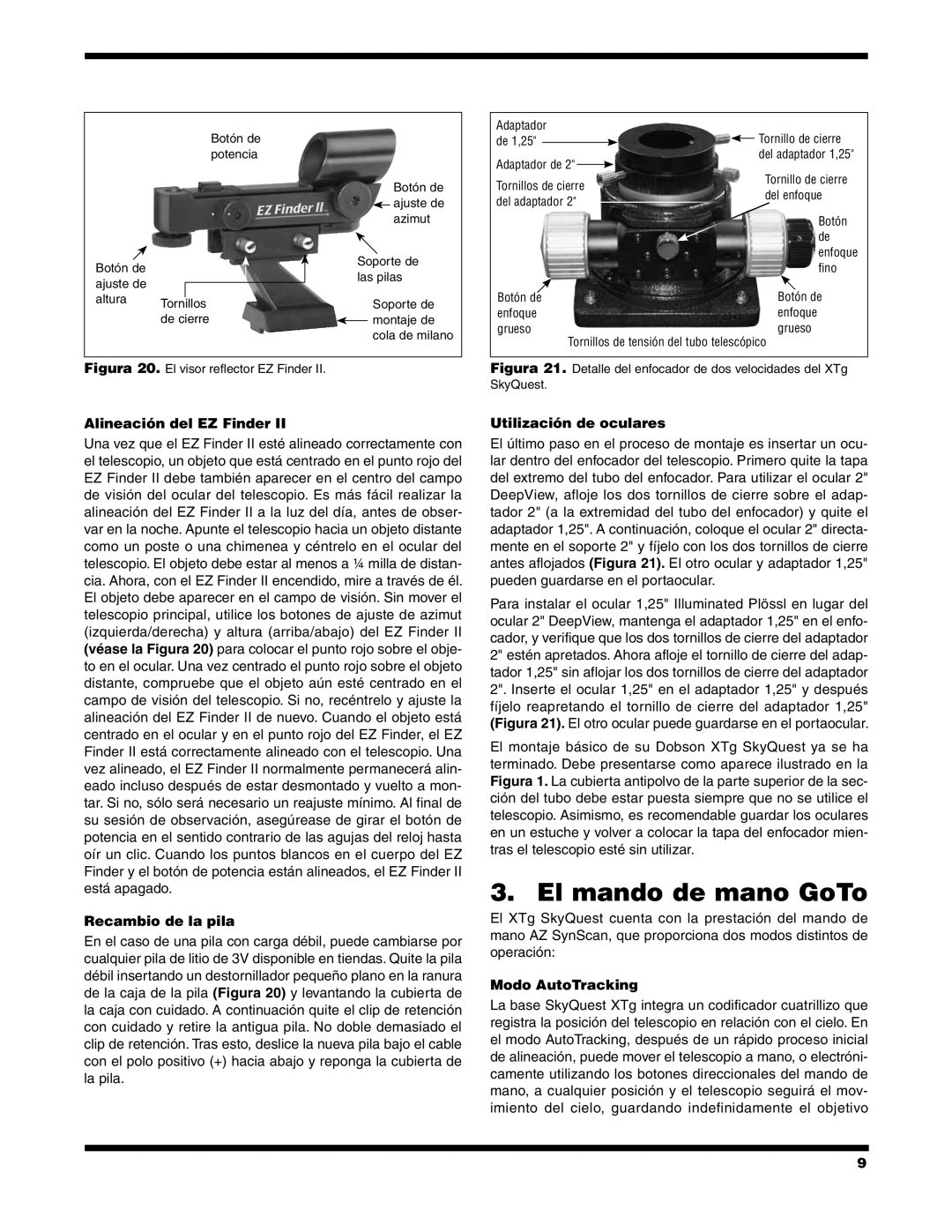 Orion #8952 XT12G manual El mando de mano GoTo, Alineación del EZ Finder, Recambio de la pila, Utilización de oculares 