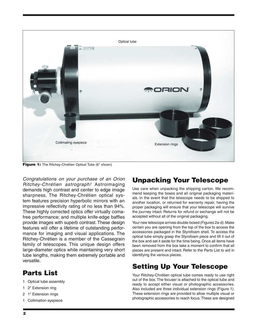 Orion 8958, 8956 instruction manual Parts List, Unpacking Your Telescope, Setting Up Your Telescope 