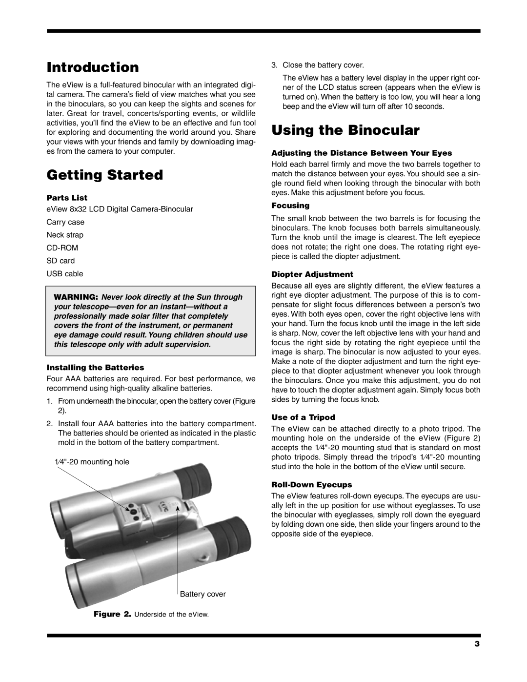 Orion 8x32 LCD instruction manual Introduction, Getting Started, Using the Binocular 