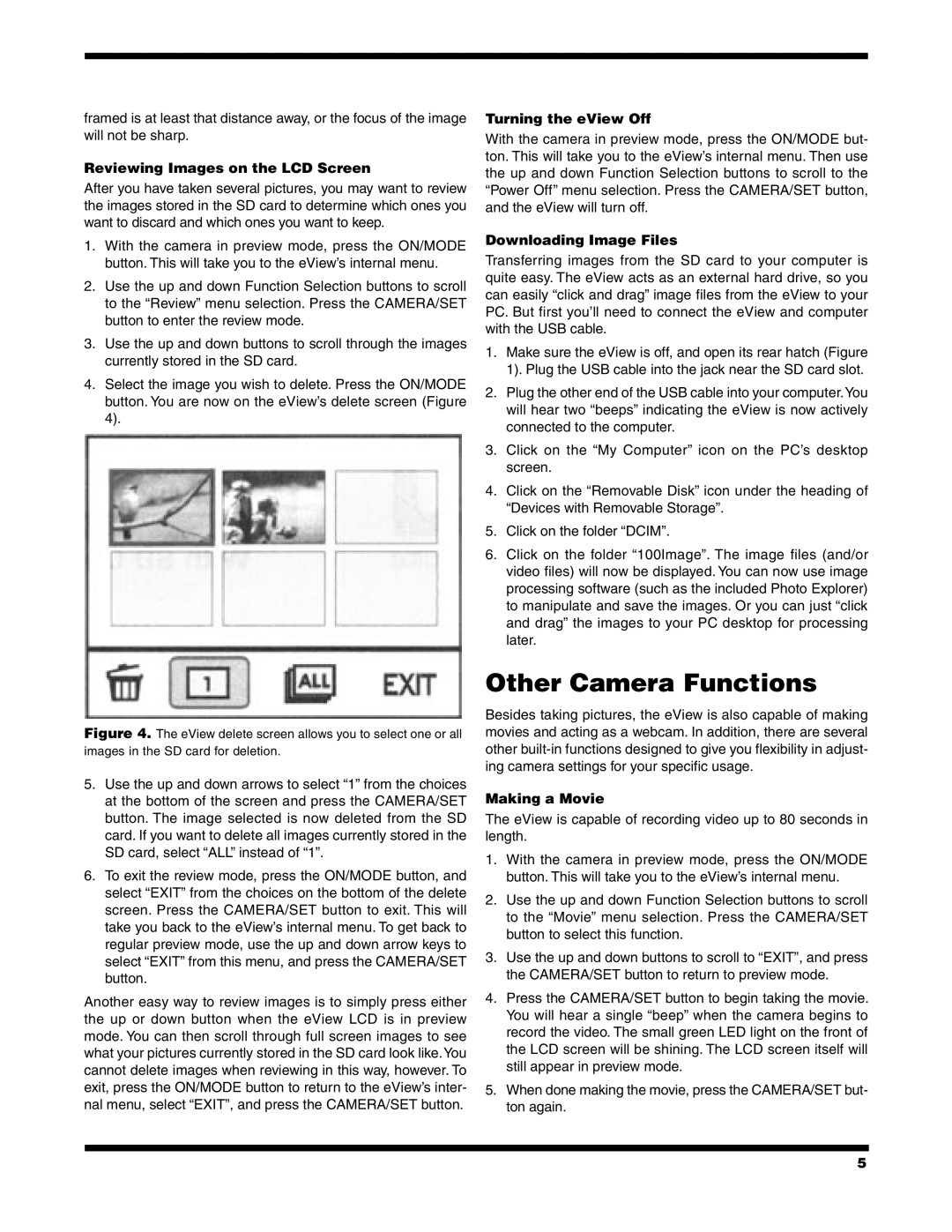 Orion 8x32 LCD Other Camera Functions, Reviewing Images on the LCD Screen, Turning the eView Off, Downloading Image Files 