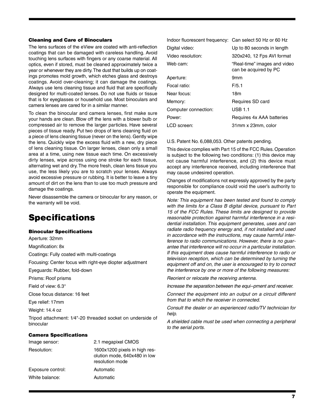 Orion 8x32 LCD instruction manual Cleaning and Care of Binoculars, Binocular Specifications, Camera Specifications 