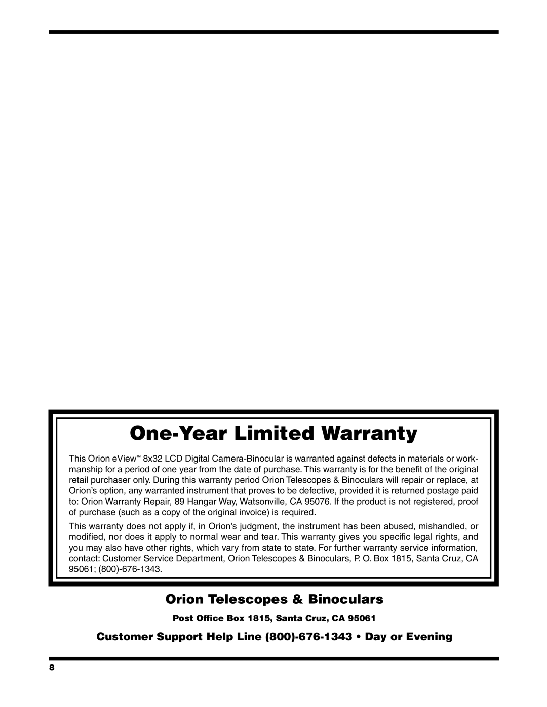 Orion 8x32 LCD instruction manual One-Year Limited Warranty 