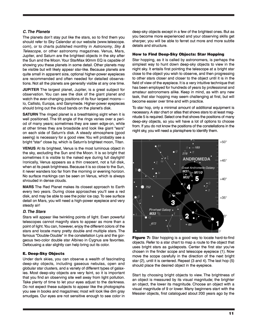 Orion 90 EQ instruction manual C. The Planets, D. The Stars, E. Deep-Sky Objects, How to Find Deep-Sky Objects Star Hopping 