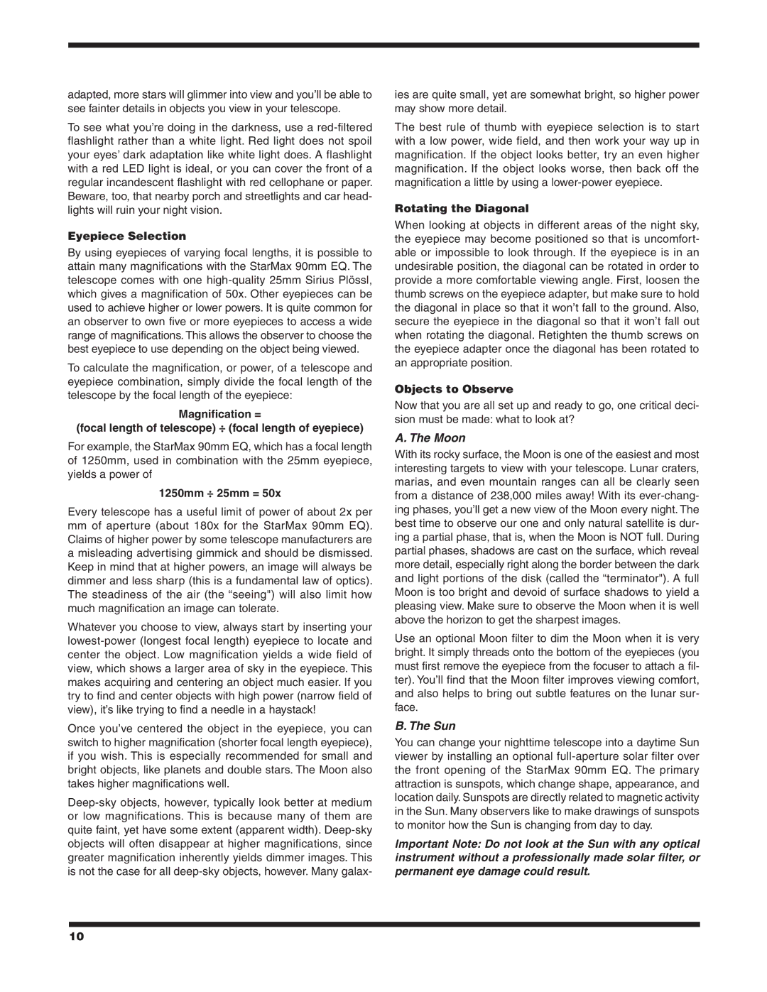 Orion 90 EQ instruction manual Eyepiece Selection, 1250mm ÷ 25mm =, Rotating the Diagonal, Objects to Observe 