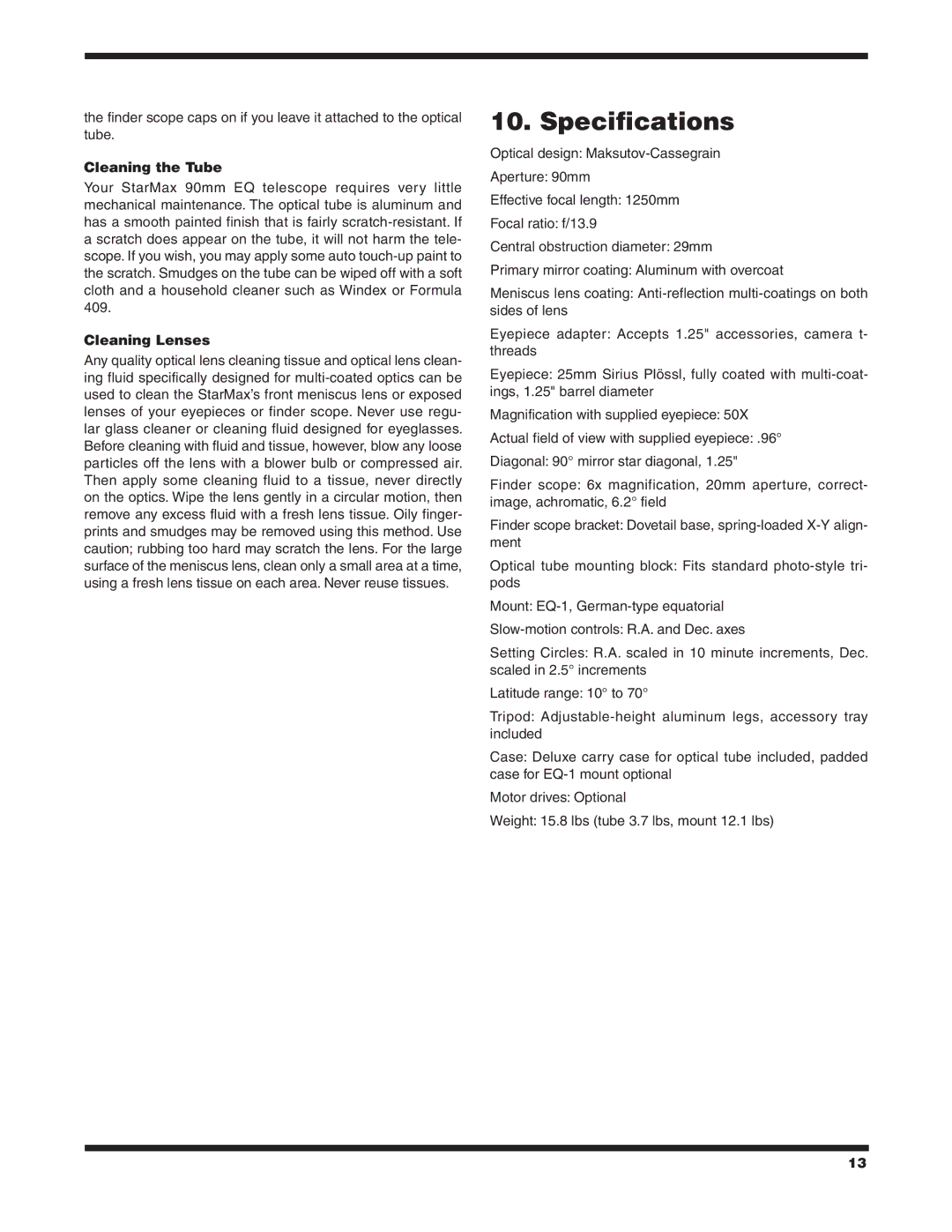 Orion 90 EQ instruction manual Specifications, Cleaning the Tube, Cleaning Lenses 