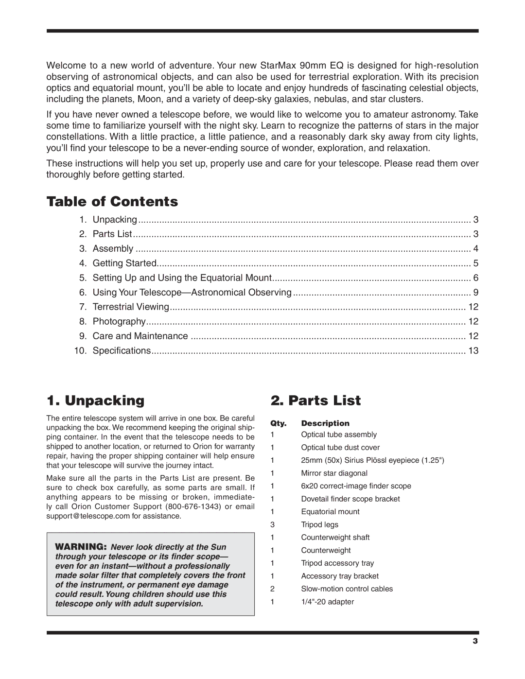 Orion 90 EQ instruction manual Table of Contents, Unpacking, Parts List 