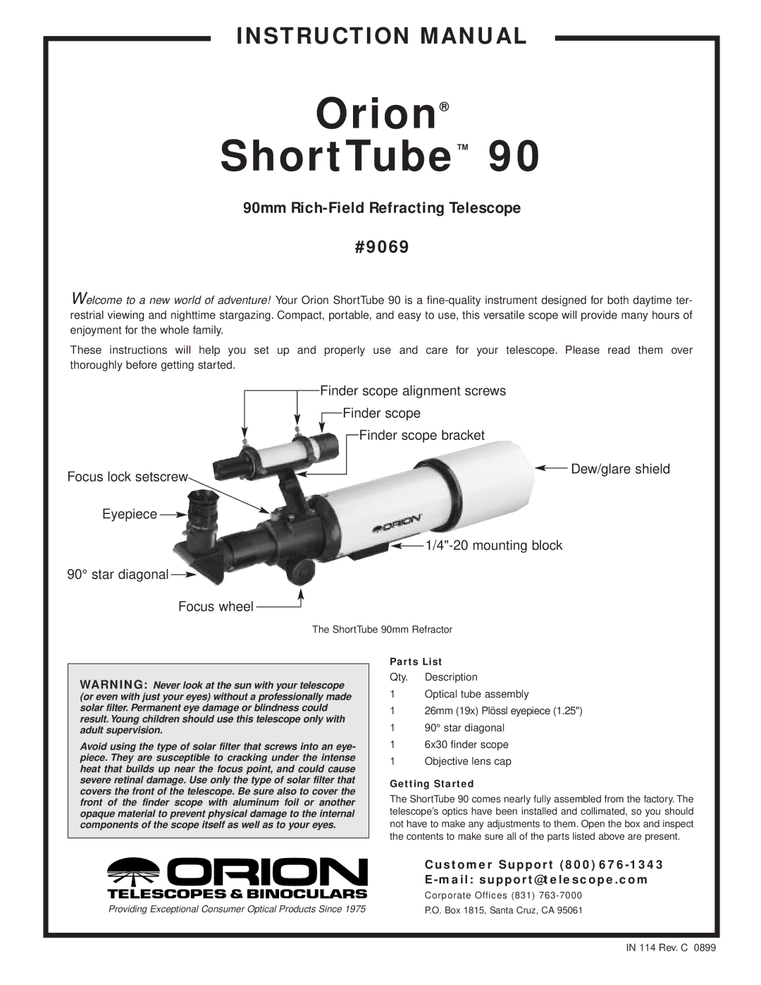 Orion 90 instruction manual Parts List, Getting Started 