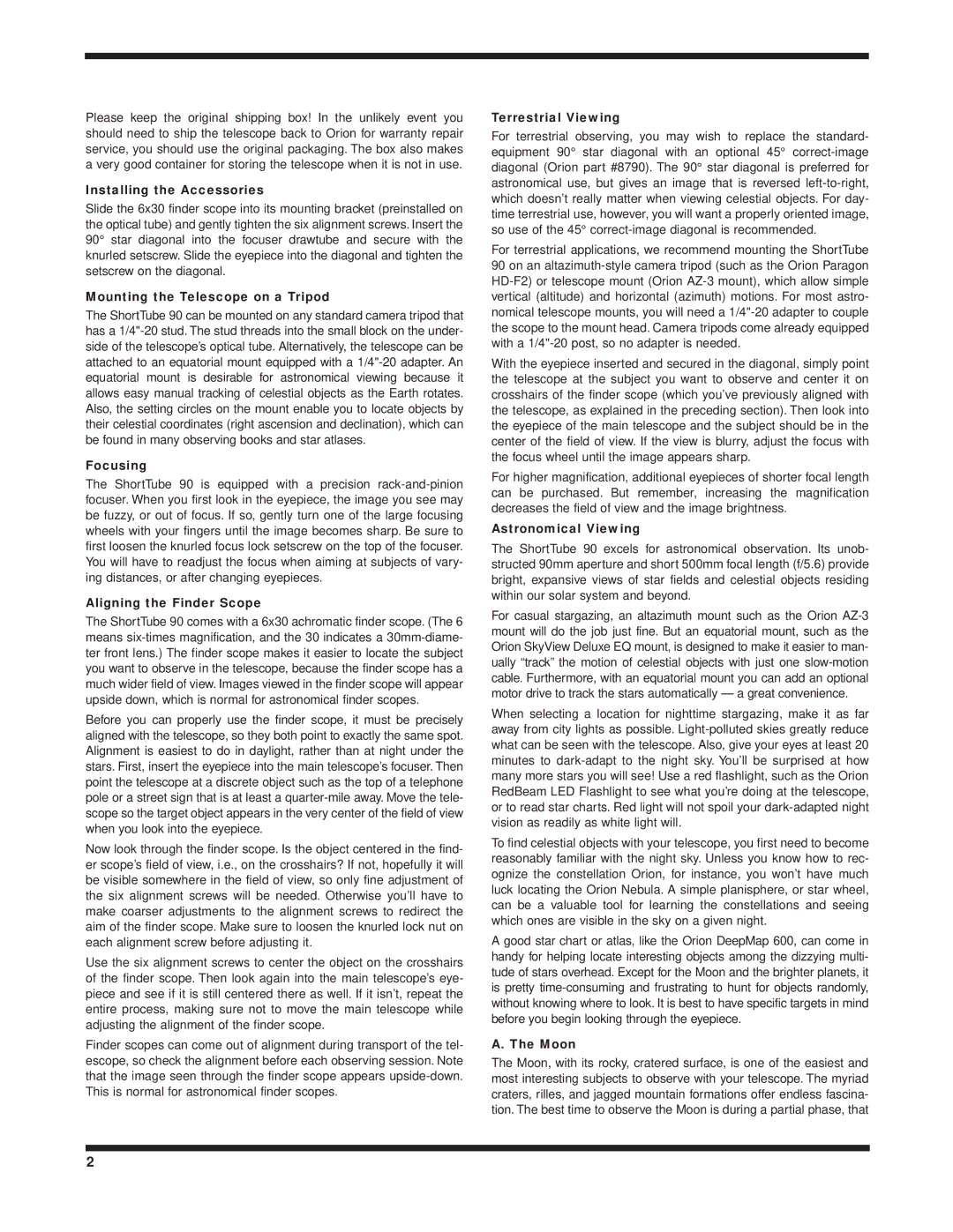 Orion 90 Installing the Accessories, Mounting the Telescope on a Tripod, Focusing, Aligning the Finder Scope, Moon 