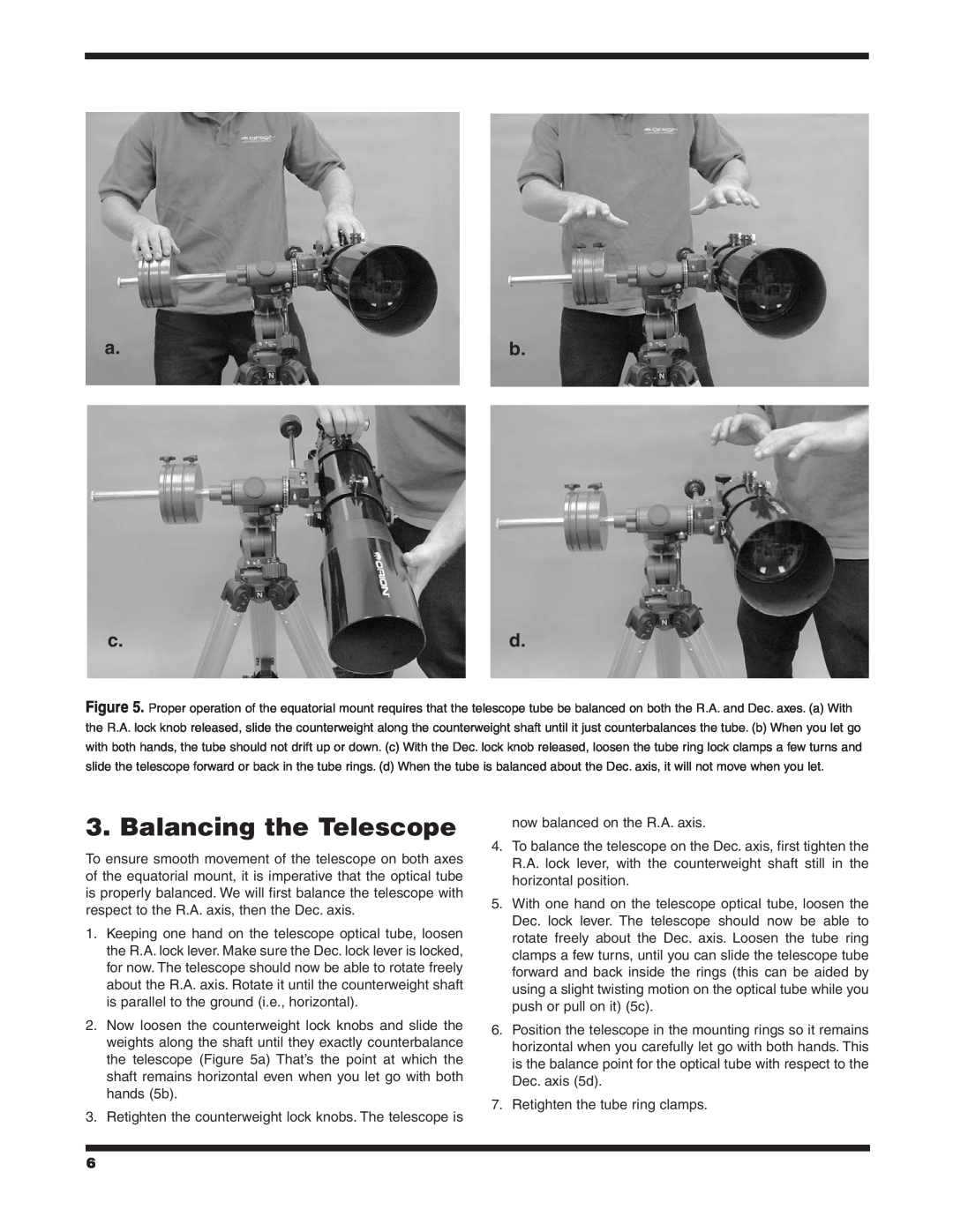 Orion 9005, 120ST EQ instruction manual Balancing the Telescope 