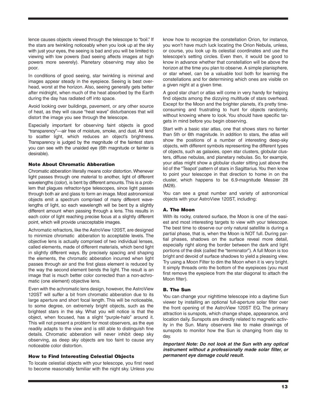 Orion 120ST EQ, 9005 instruction manual How to Find Interesting Celestial Objects, Moon, Sun 