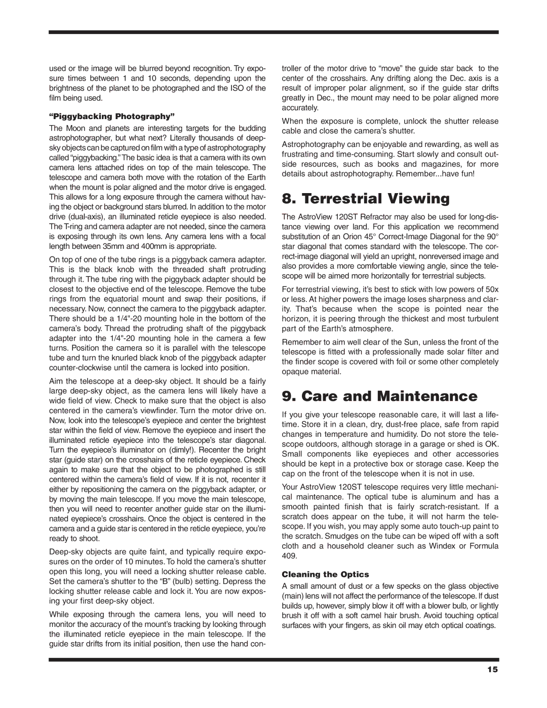 Orion 120ST EQ, 9005 Terrestrial Viewing, Care and Maintenance, Piggybacking Photography, Cleaning the Optics 