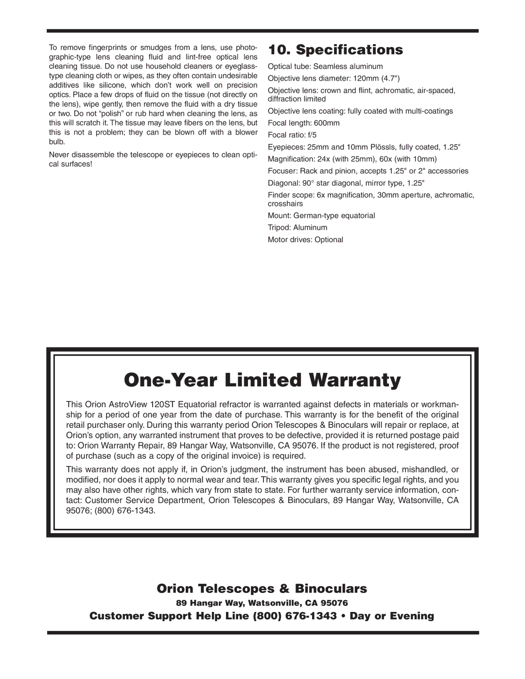 Orion 9005, 120ST EQ instruction manual One-Year Limited Warranty, Specifications 