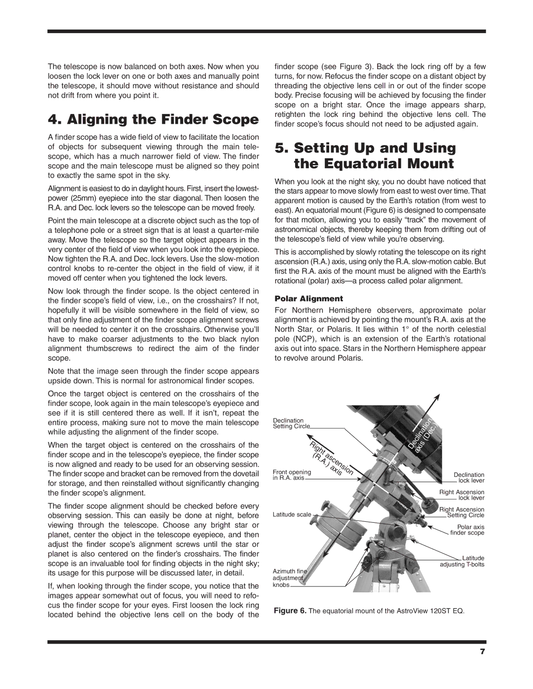 Orion 120ST EQ, 9005 Aligning the Finder Scope, Setting Up and Using the Equatorial Mount, Polar Alignment 