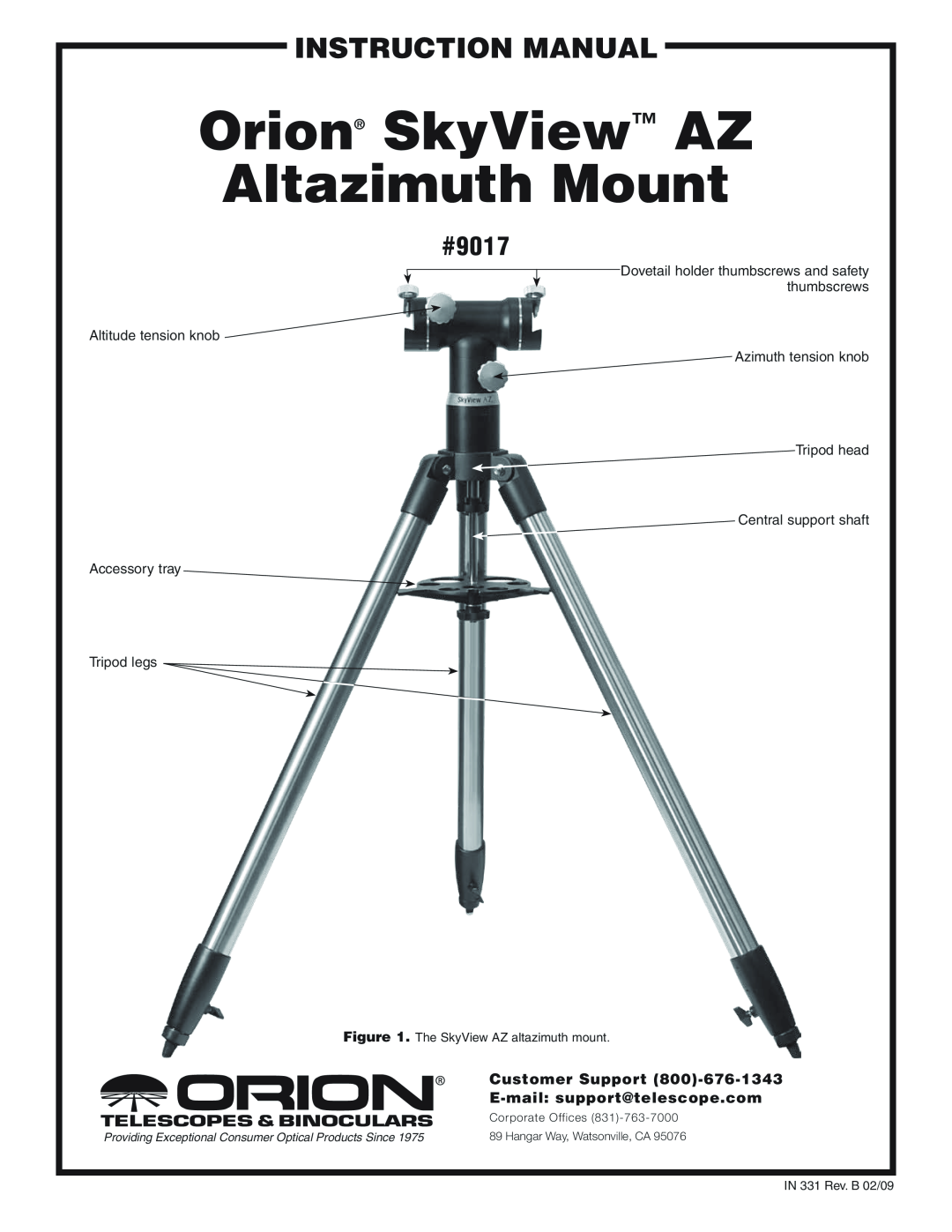 Orion instruction manual #9017, Orion SkyView AZ Altazimuth Mount, instruction Manual, Customer Support 800 ‑676-1343 