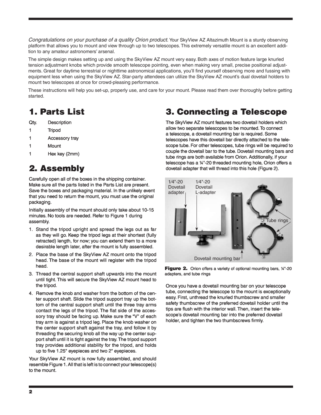 Orion 9017 instruction manual Parts List, Assembly, Connecting a Telescope 