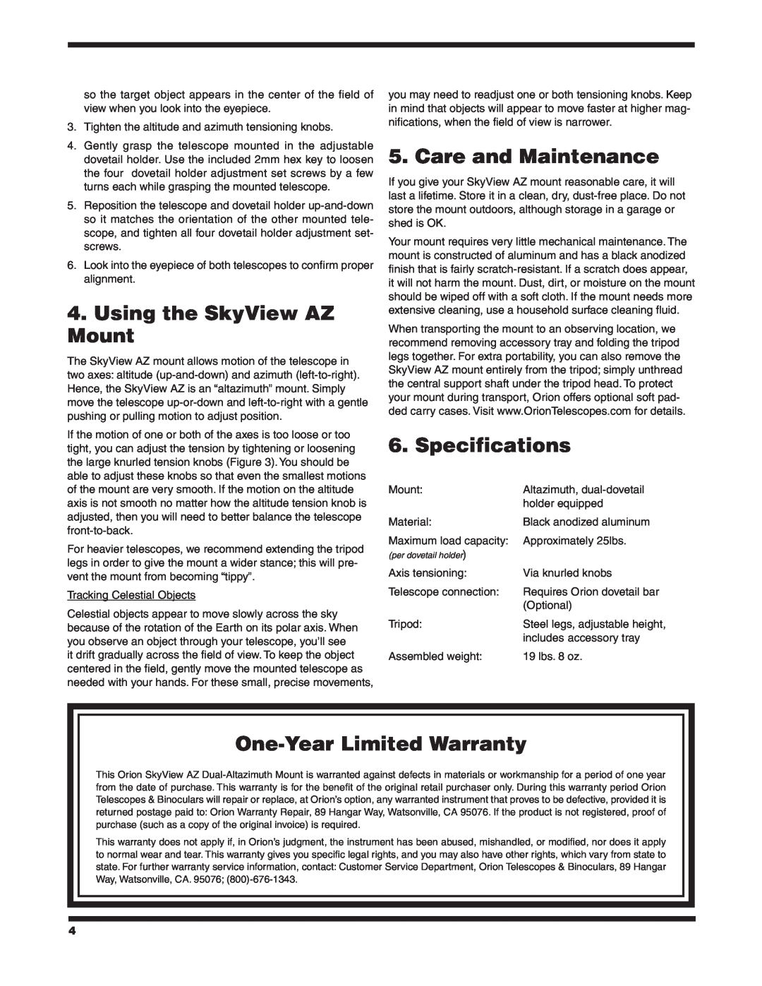 Orion 9017 instruction manual Using the SkyView AZ Mount, Care and Maintenance, Specifications, One-Year Limited Warranty 