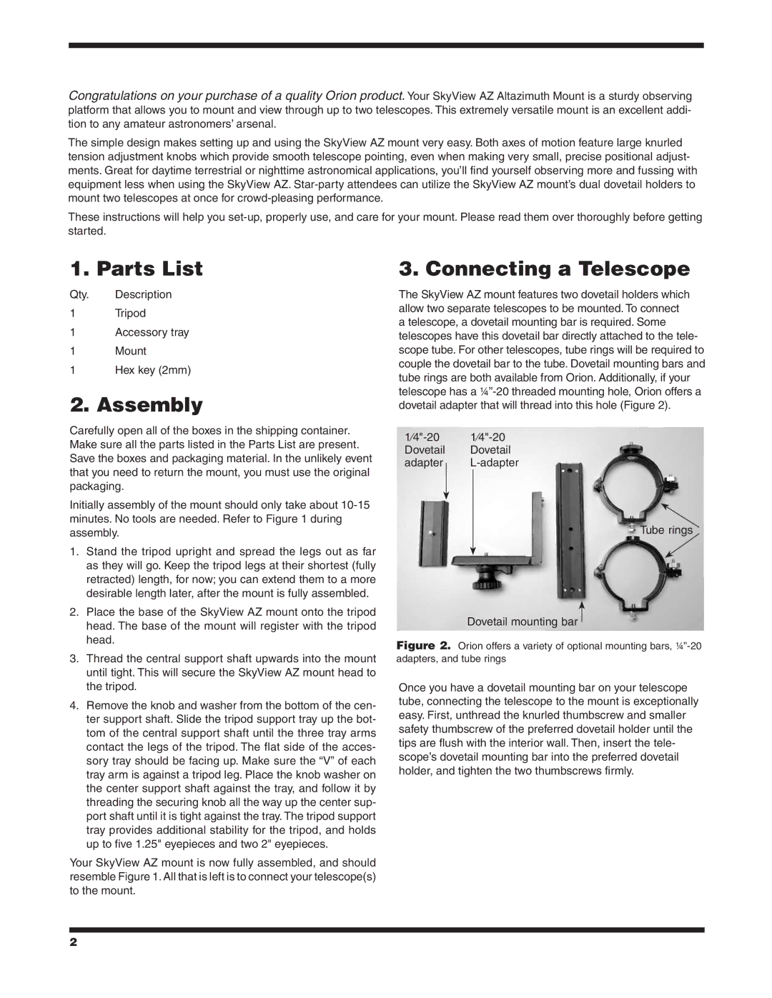 Orion 9017 instruction manual Parts List, Assembly, Connecting a Telescope 