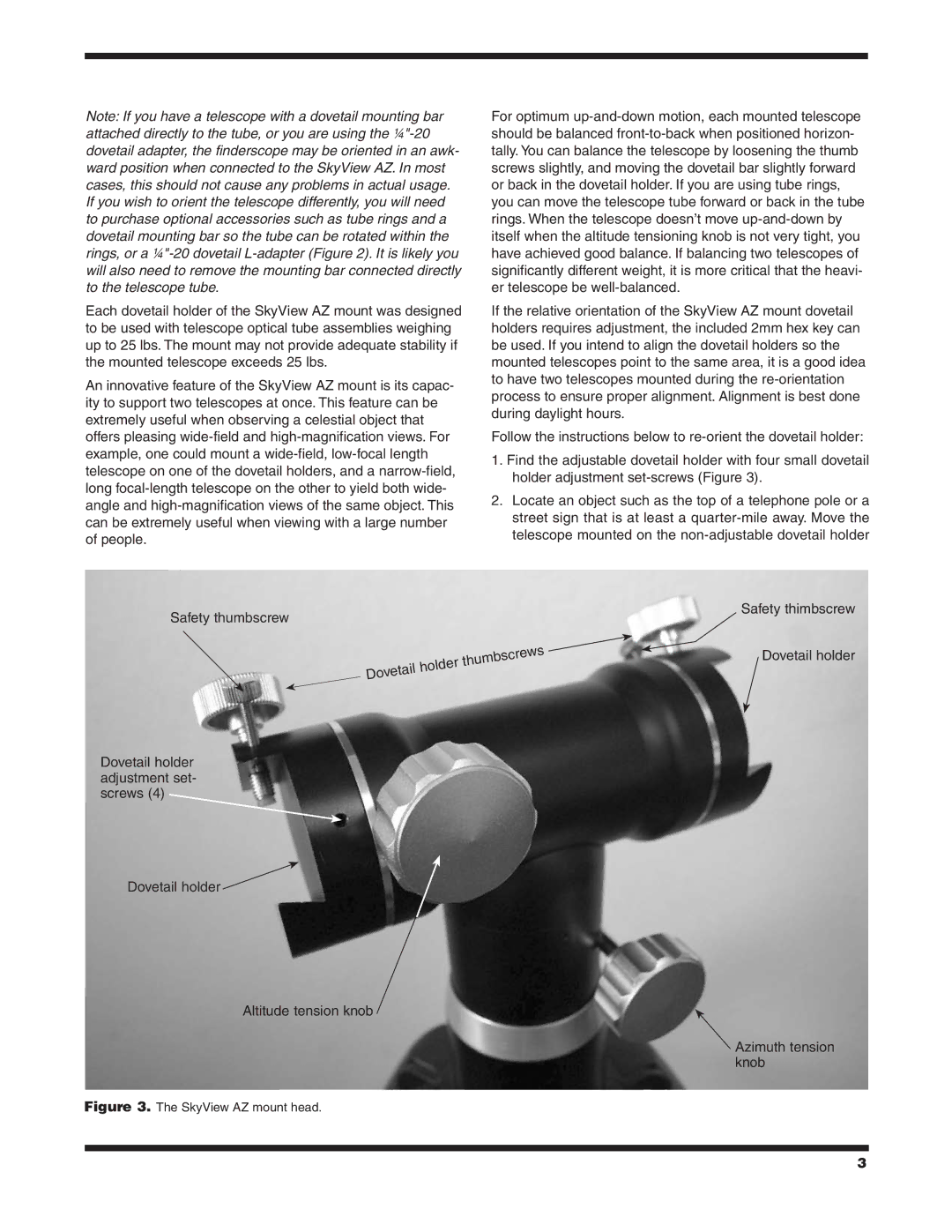 Orion 9017 instruction manual Safety thimbscrew Dovetail holder Altitude tension knob 