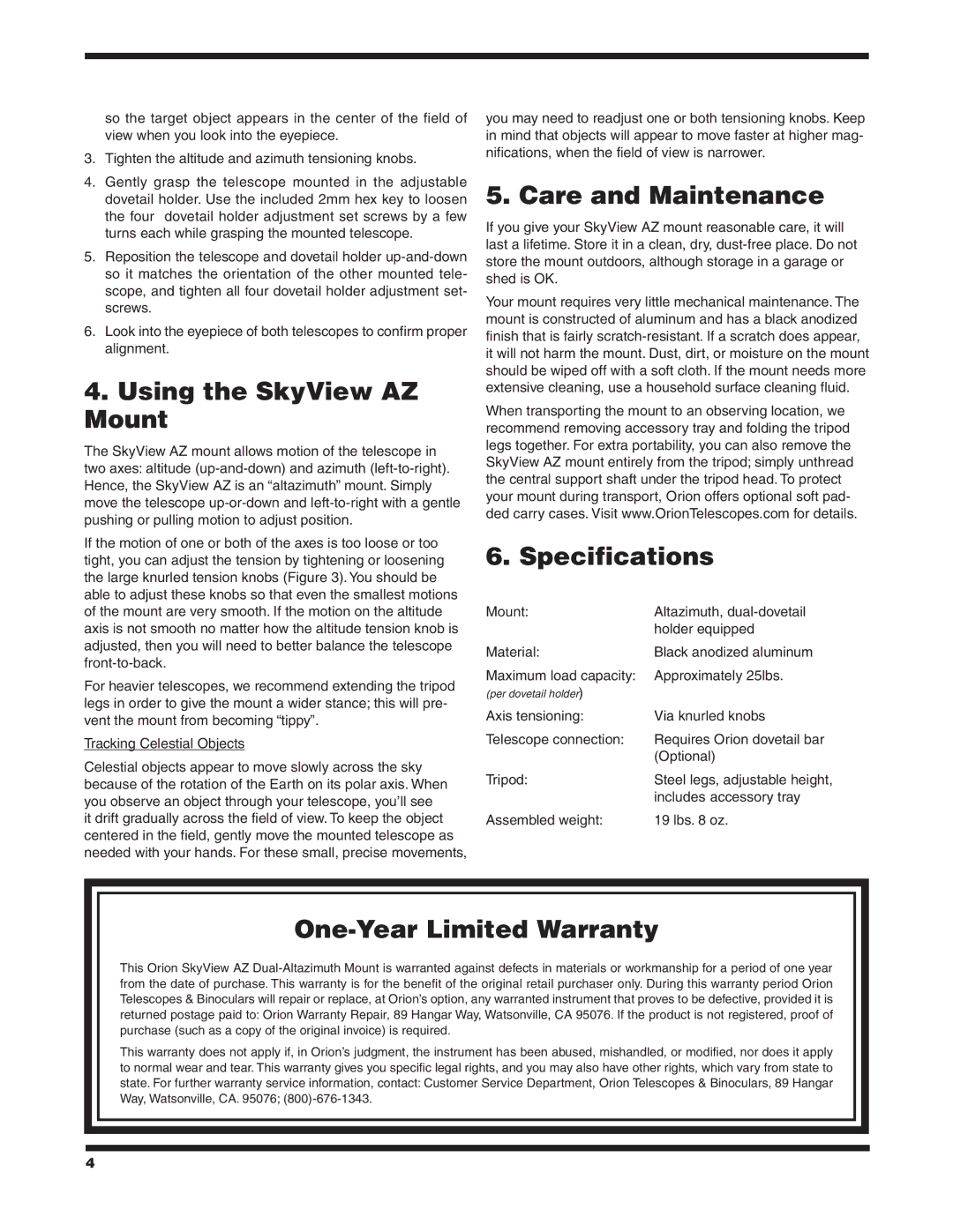 Orion 9017 instruction manual Using the SkyView AZ Mount, Care and Maintenance, Specifications, One-Year Limited Warranty 