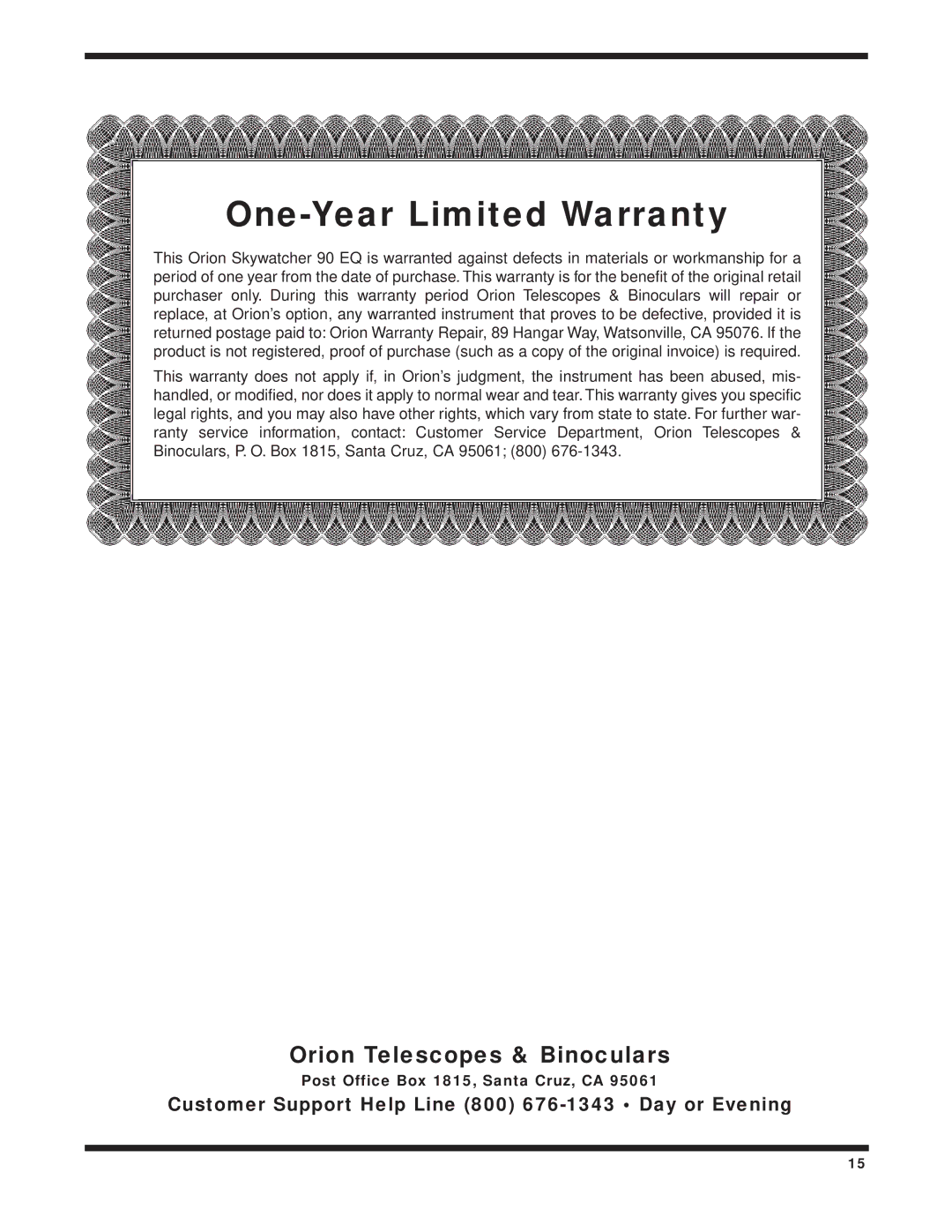 Orion 9025, 9086, 9024 instruction manual One-Year Limited Warranty 