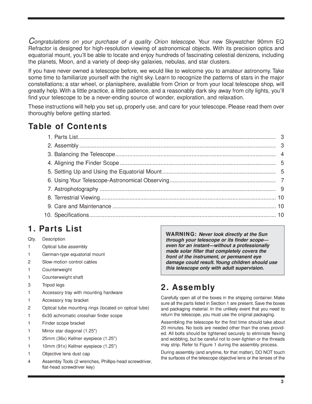 Orion 9025, 9086, 9024 instruction manual Table of Contents, Parts List, Assembly 