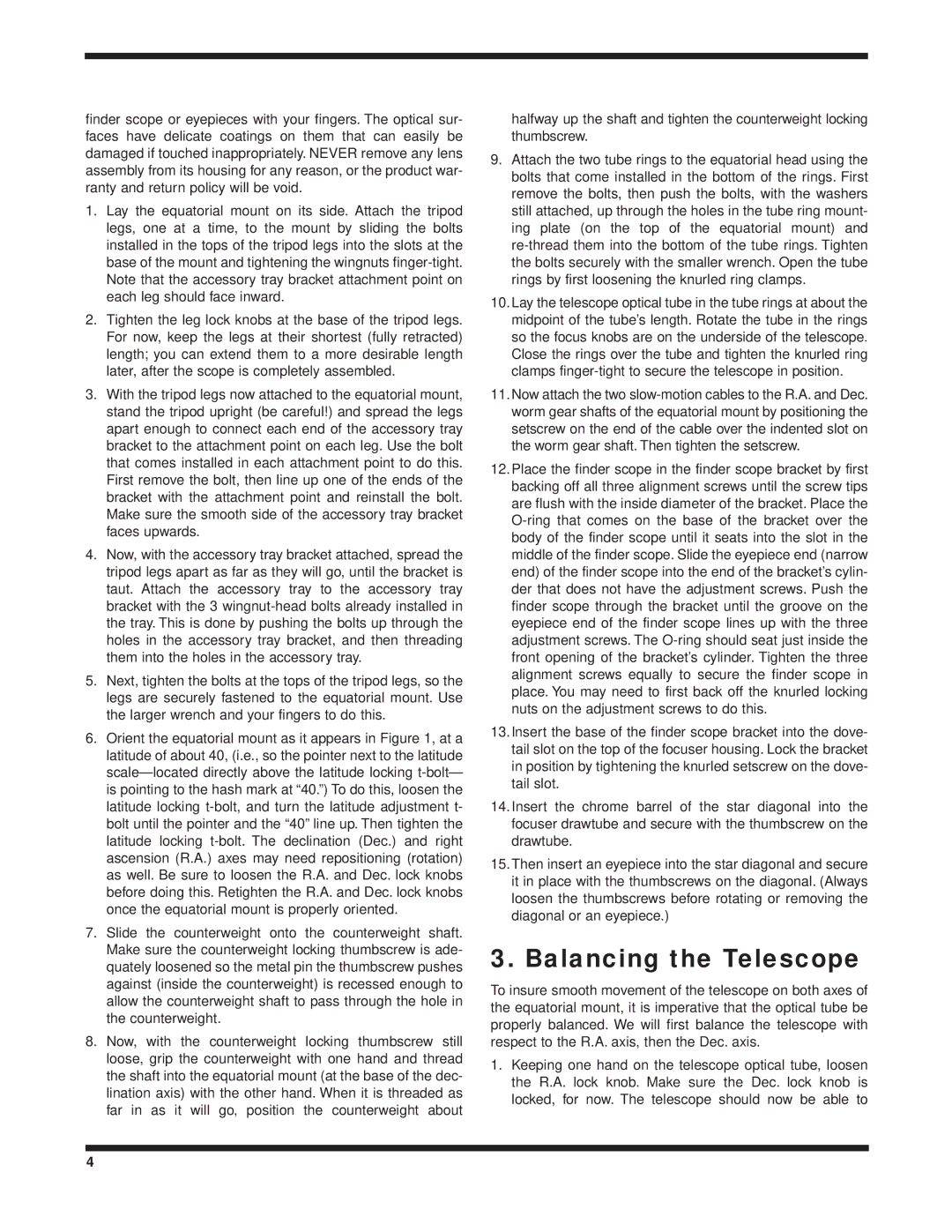 Orion 9086, 9025, 9024 instruction manual Balancing the Telescope 