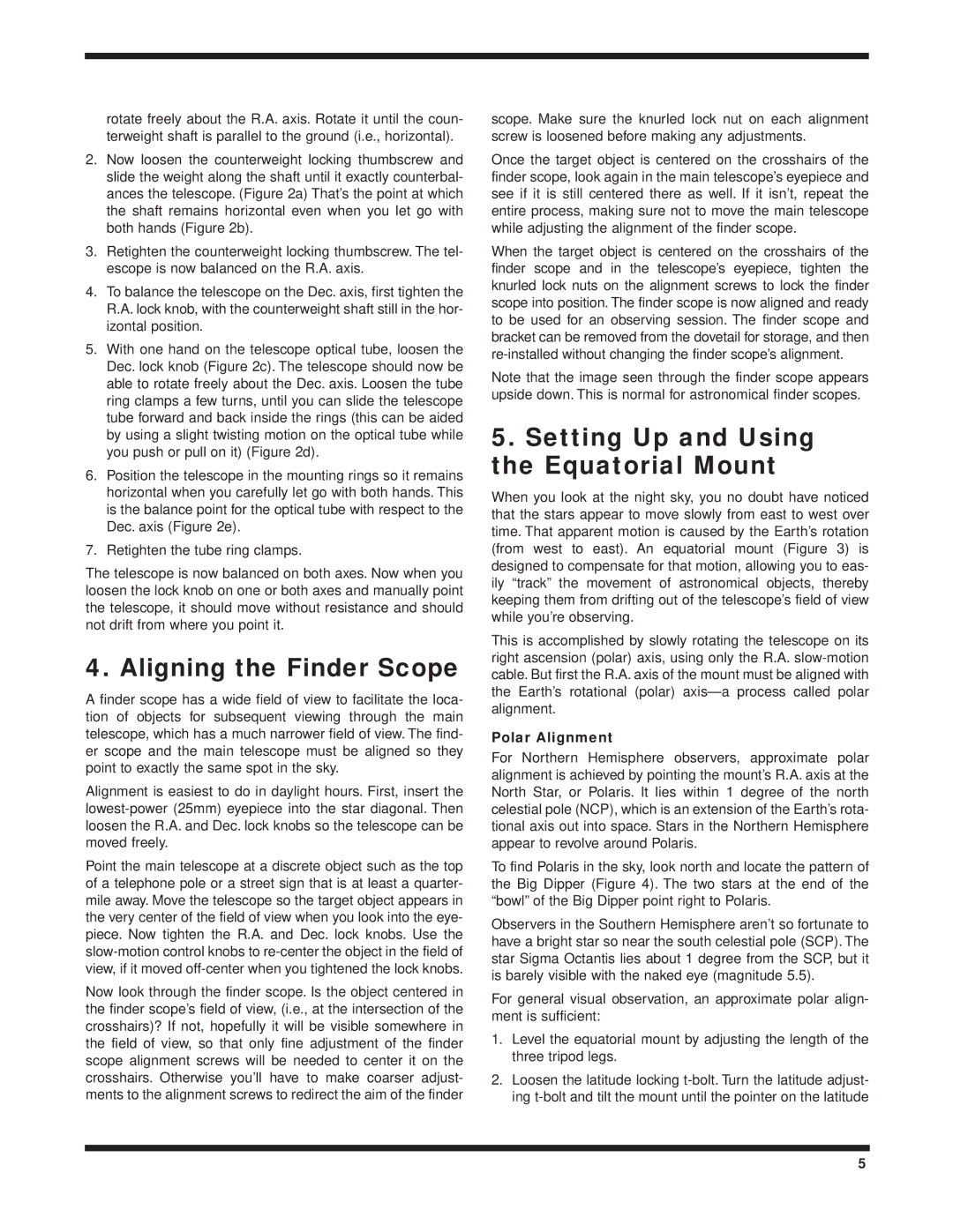 Orion 9024, 9025, 9086 Aligning the Finder Scope, Setting Up and Using the Equatorial Mount, Polar Alignment 