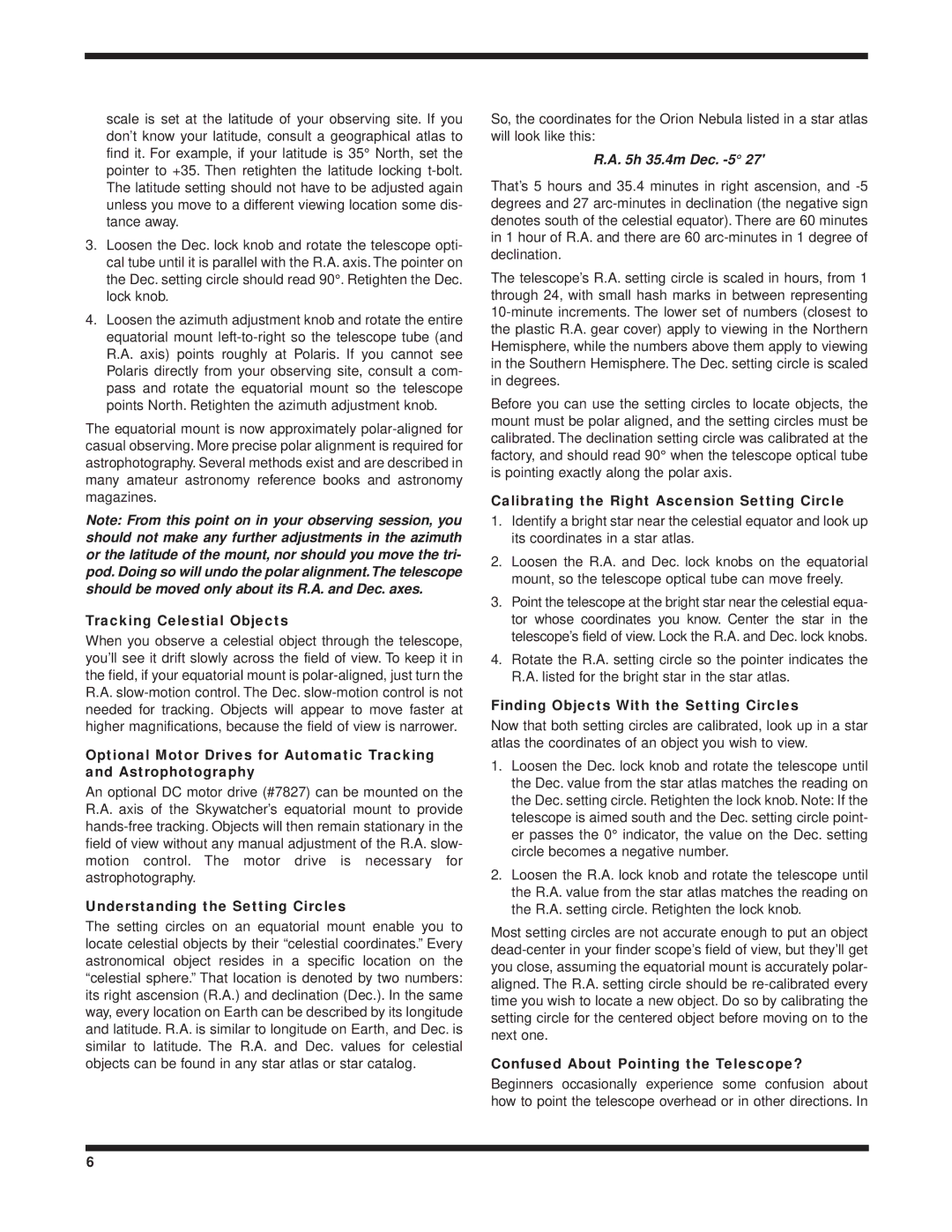 Orion 9025 Tracking Celestial Objects, Understanding the Setting Circles, Calibrating the Right Ascension Setting Circle 