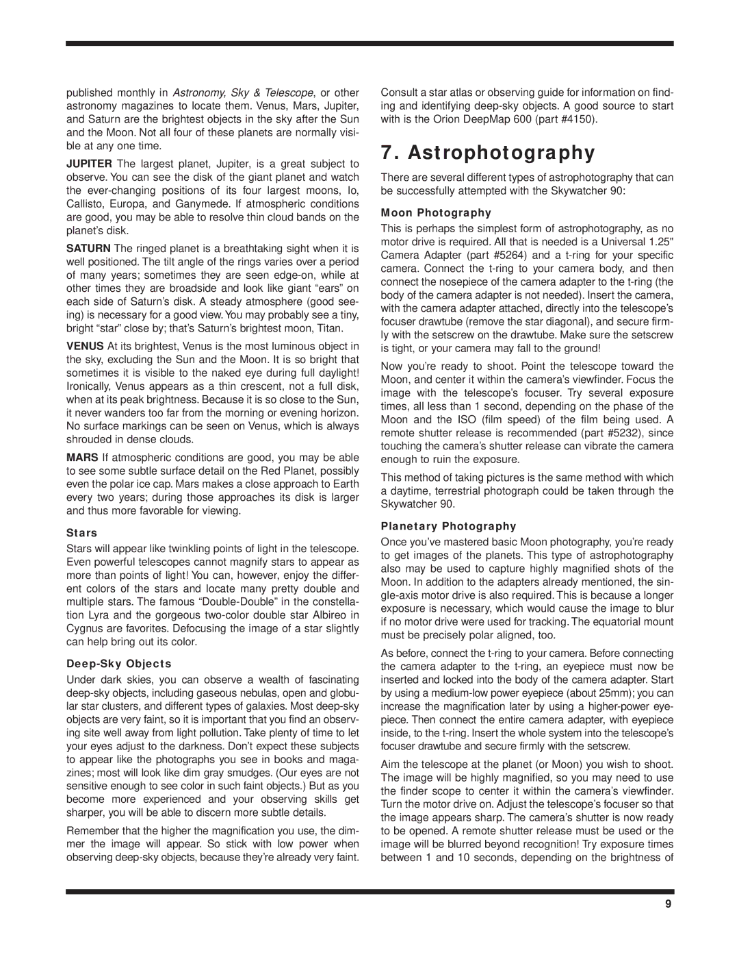 Orion 9025, 9086, 9024 instruction manual Astrophotography, Stars, Deep-Sky Objects, Moon Photography, Planetary Photography 