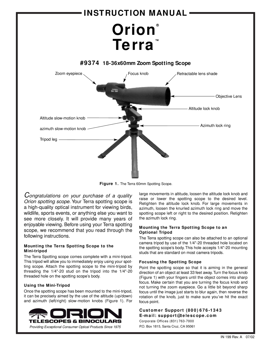 Orion 9374 instruction manual Mounting the Terra Spotting Scope to the Mini-tripod, Using the Mini-Tripod 