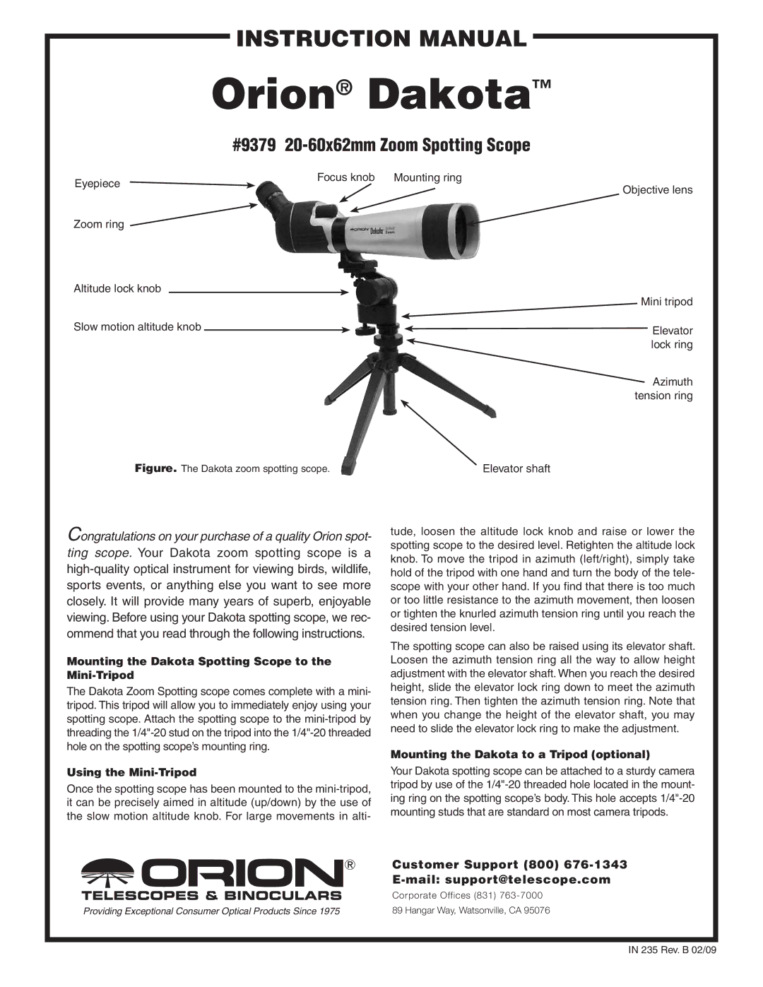 Orion 9379 instruction manual Mounting the Dakota Spotting Scope to the Mini-Tripod, Using the Mini-Tripod 