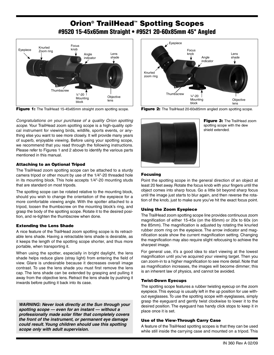 Orion 9520, 9521 manual Attaching to an Optional Tripod, Extending the Lens Shade, Focusing, Using the Zoom Eyepiece 