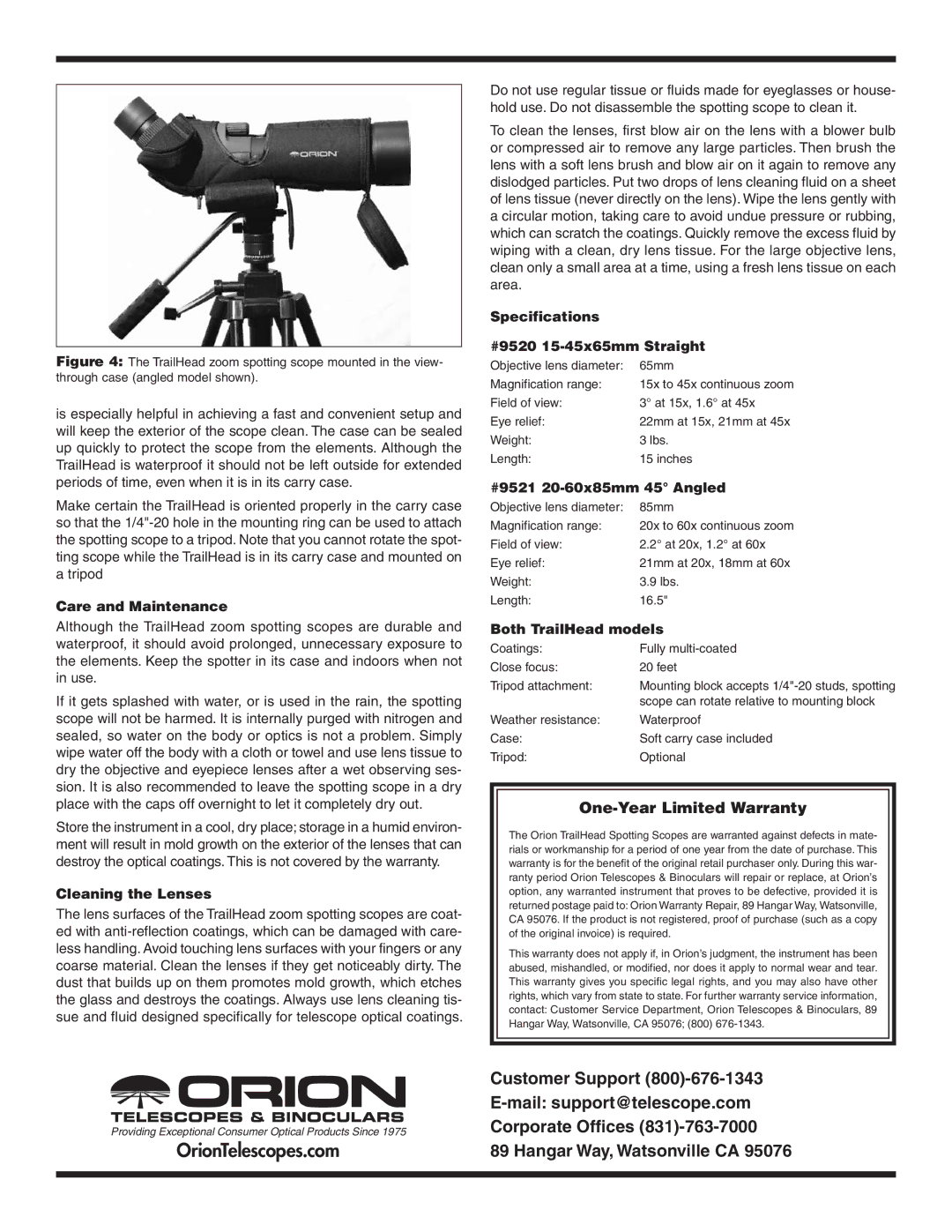 Orion Care and Maintenance, Cleaning the Lenses, Specifications #9520 15-45x65mm Straight, #9521 20-60x85mm 45 Angled 