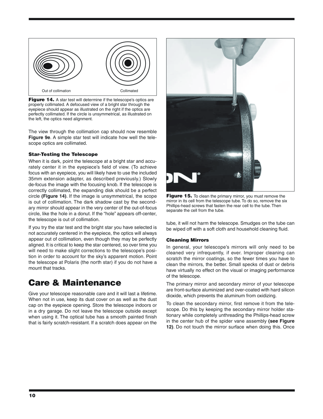 Orion 9527 instruction manual Care & Maintenance, Star-Testingthe Telescope, Cleaning Mirrors 