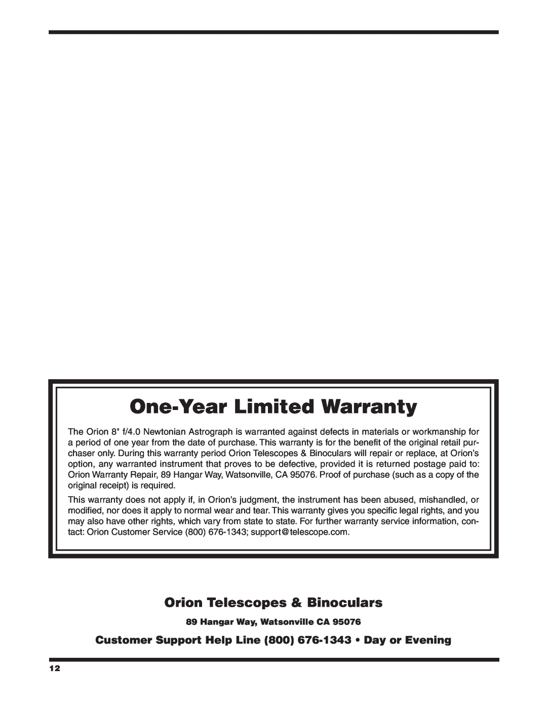 Orion 9527 instruction manual Orion Telescopes & Binoculars, Hangar Way, Watsonville CA, One-YearLimited Warranty 
