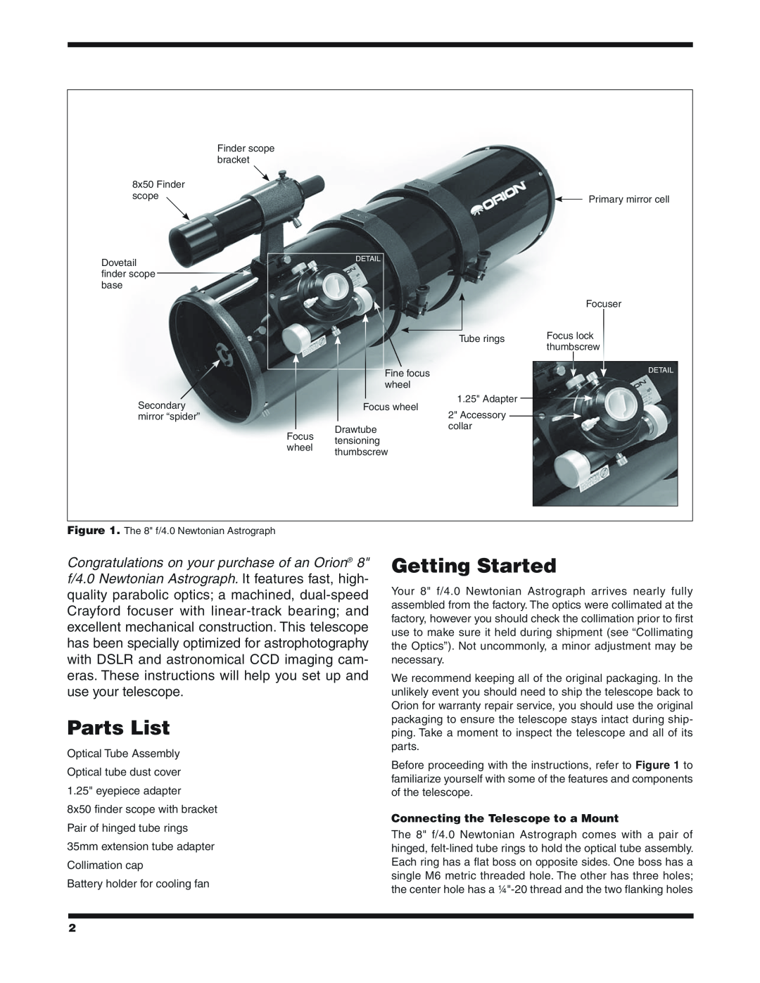 Orion 9527 instruction manual Parts List, Getting Started, Connecting the Telescope to a Mount 