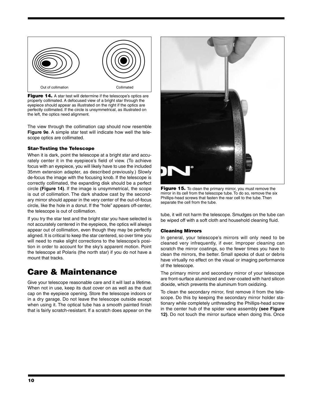 Orion 9527 instruction manual Care & Maintenance, Star-Testing the Telescope, Cleaning Mirrors 