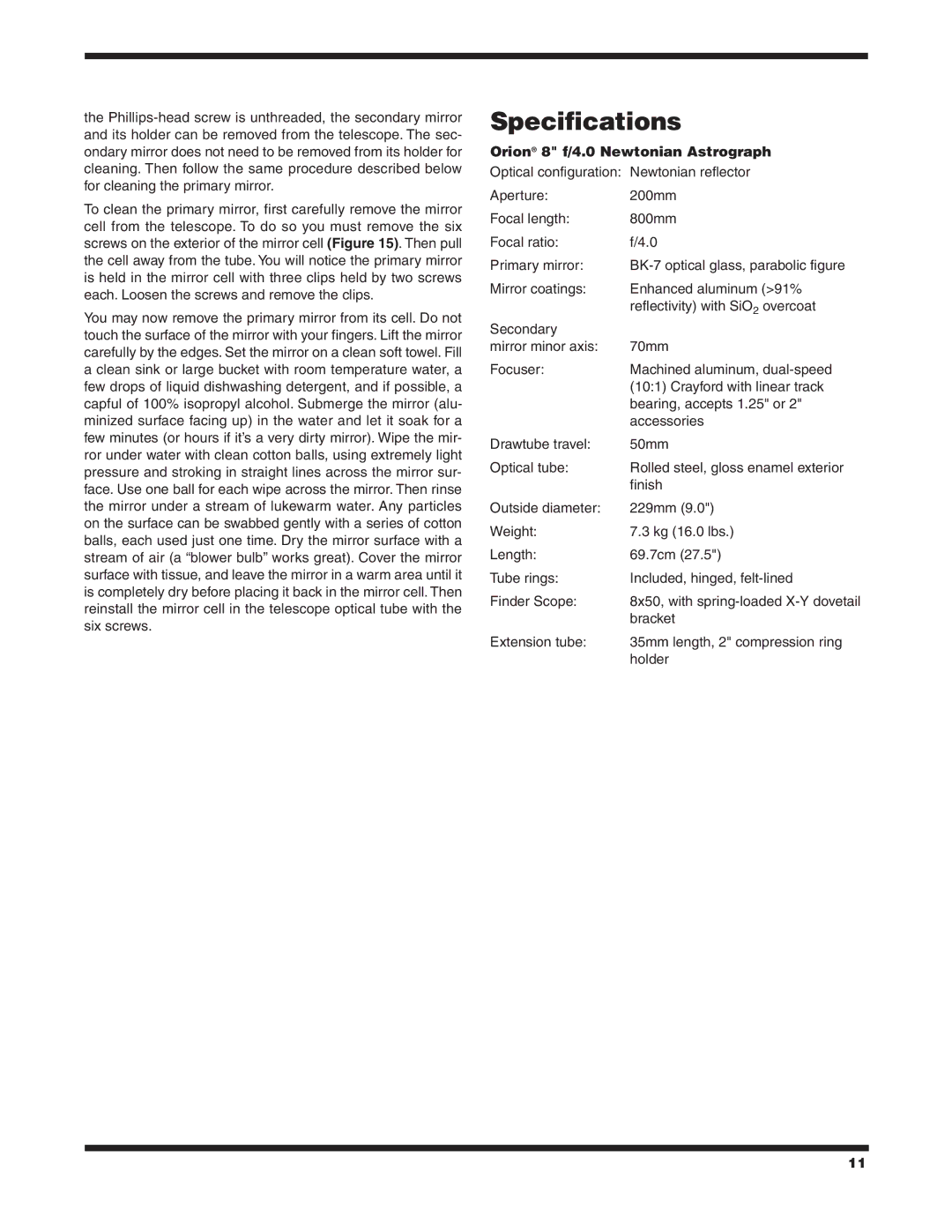 Orion 9527 instruction manual Specifications, Orion 8 f/4.0 Newtonian Astrograph 