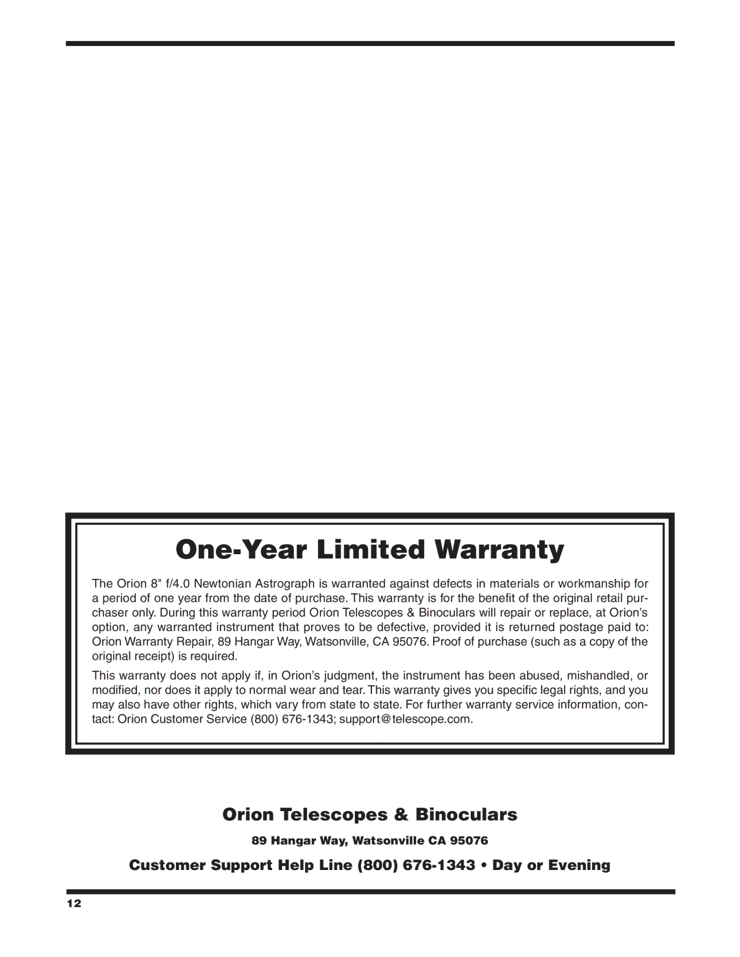 Orion 9527 instruction manual One-Year Limited Warranty 